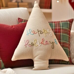 Creative Co-Op 24”x16” Cotton and Jute Tree Shaped Happy Holidays Accent Pillow